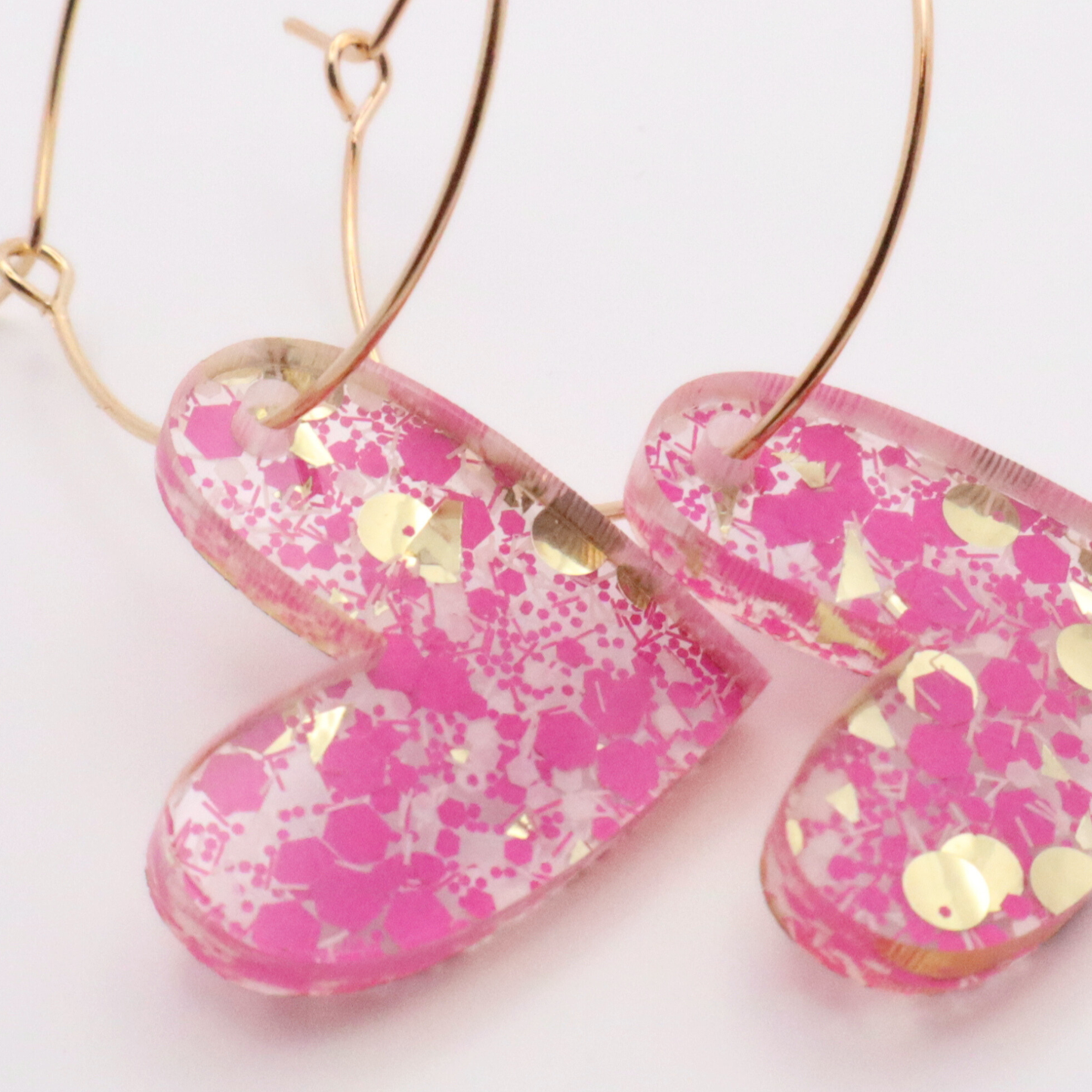 Pink Glitter Heart Hoop Earrings with Gold Accents – Perfect Valentine's Day Gift for Her