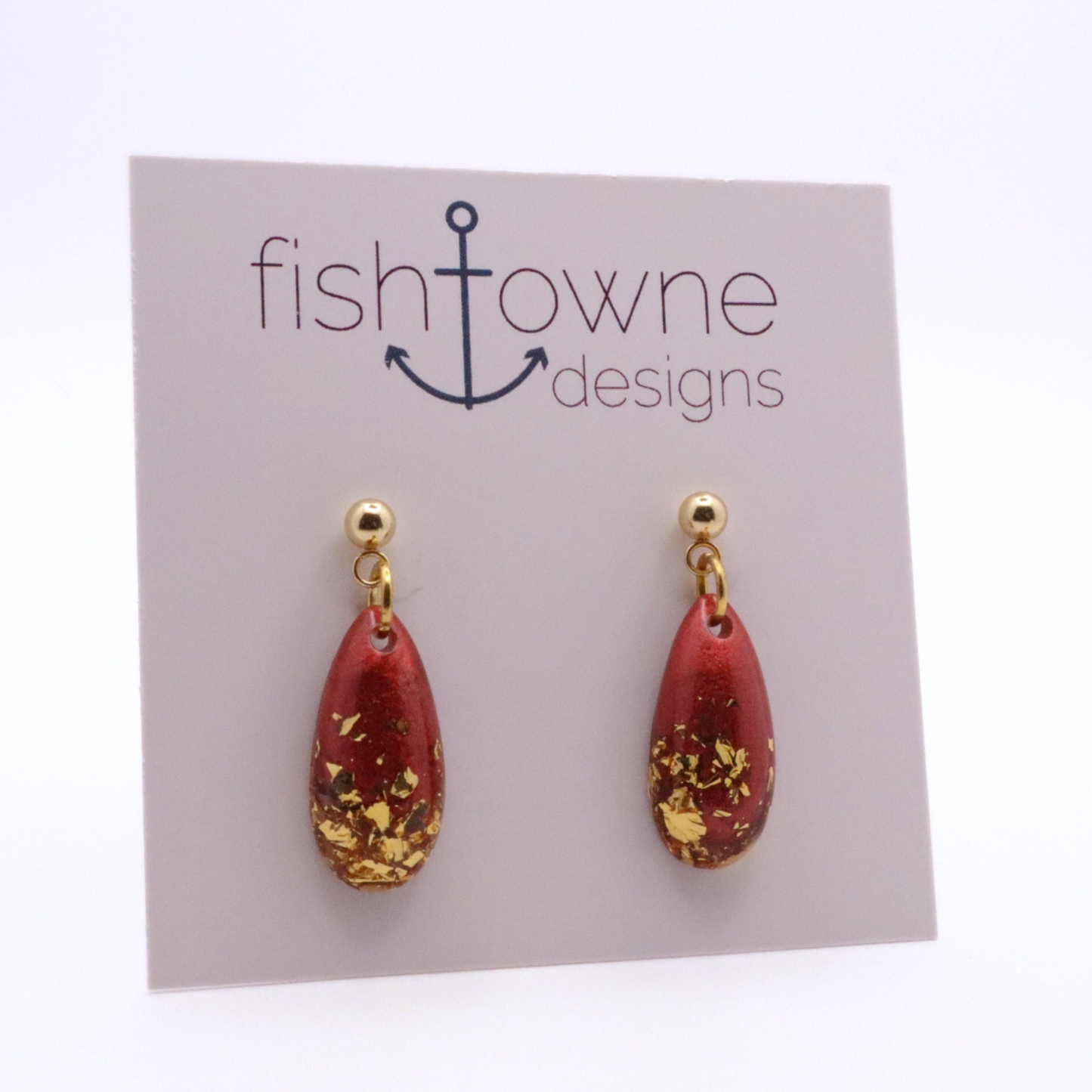 Dark Red and Gold Resin Earrings - Seaside Rust - Fish Towne Designs, LLC