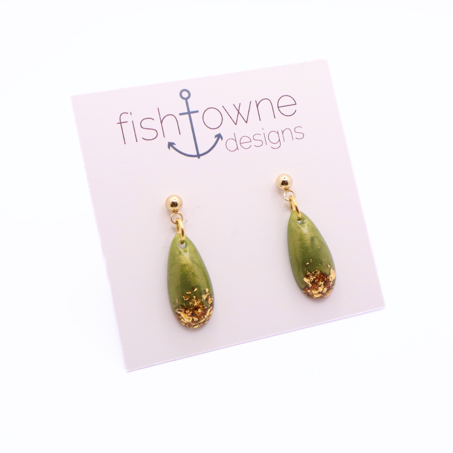 Olive Green and Gold Resin Earrings - Wild Seagrass