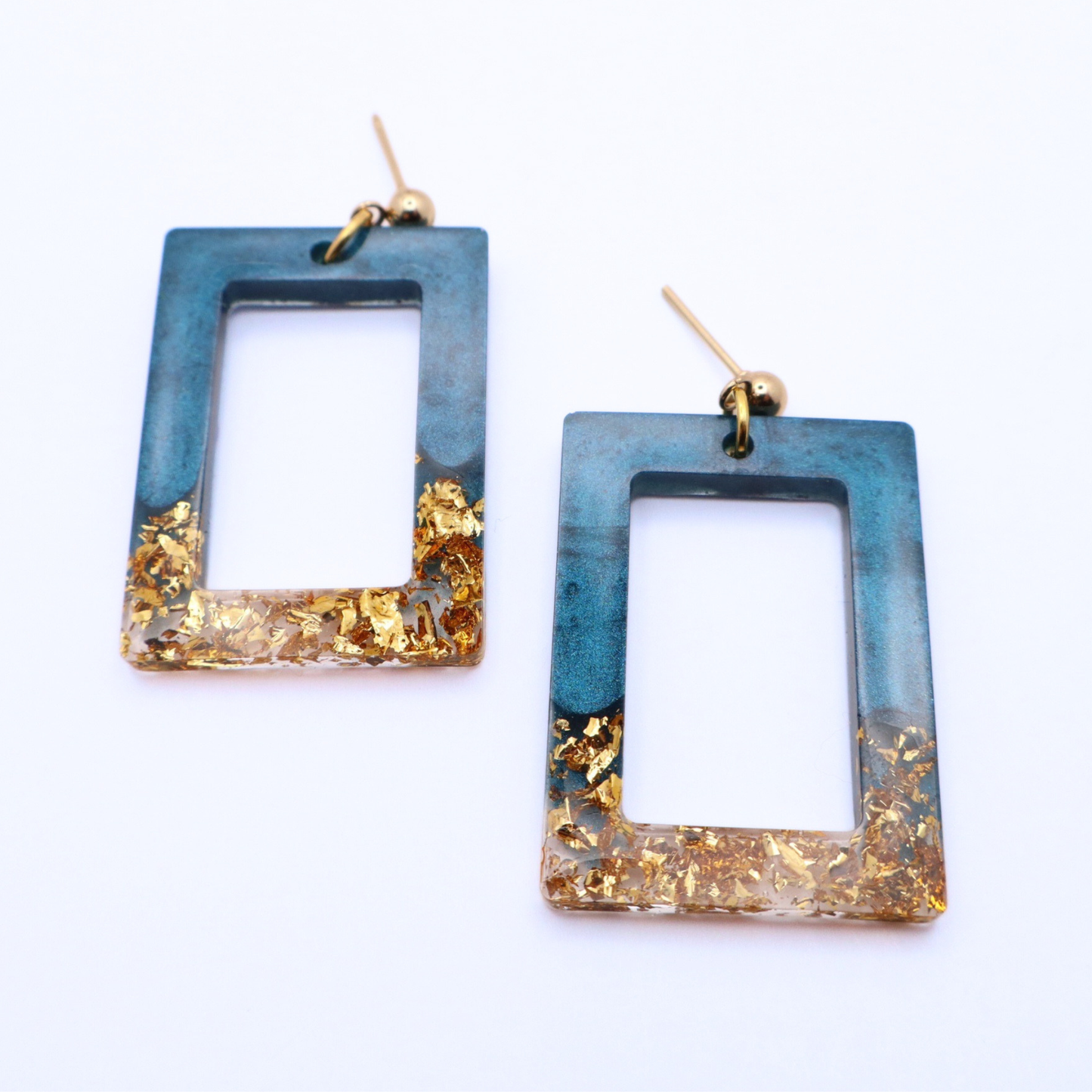 Dark Teal and Gold Resin Earrings - Bermuda Triangle