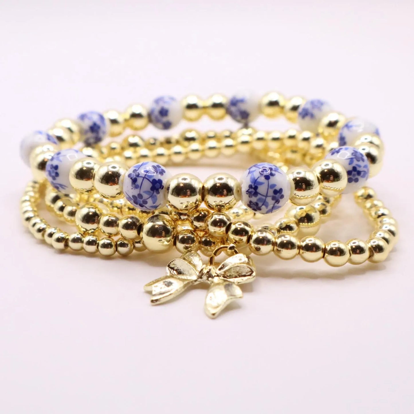Gold and Chinoiserie Beaded Bracelet Stack with Bow Charm | Set of 4 Stretch Bracelets