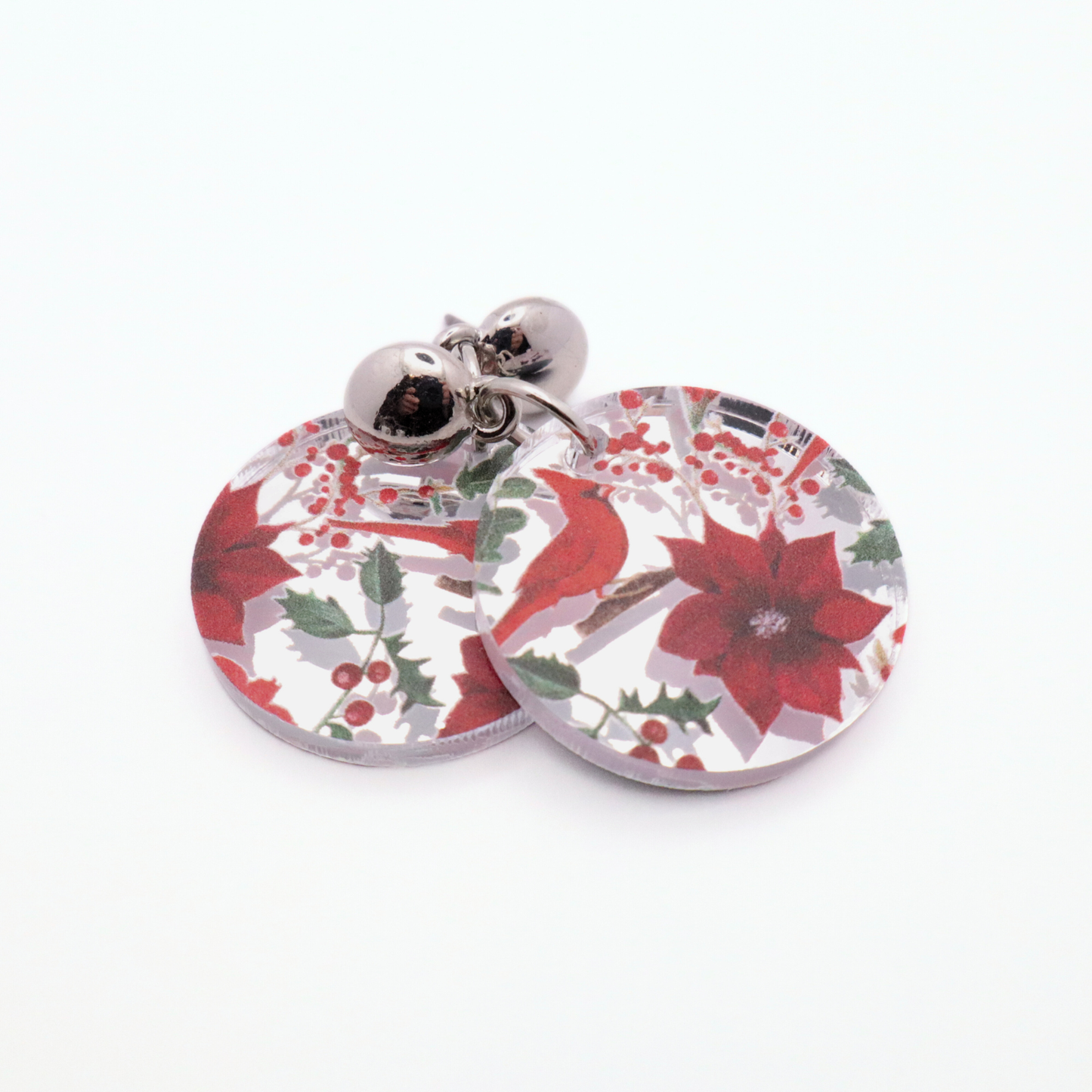 Cardinal & Poinsettia Christmas Earrings - Festive Mirrored Acrylic Holiday Dangles