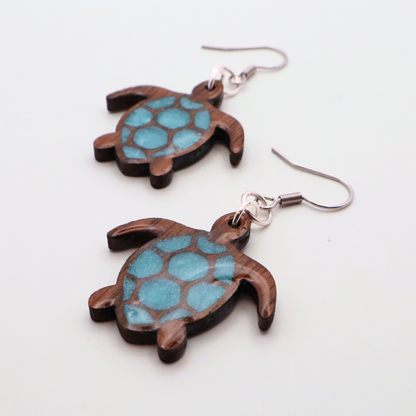 Handmade Black Walnut Sea Turtle Earrings, Resin Shell, Beach Jewelry