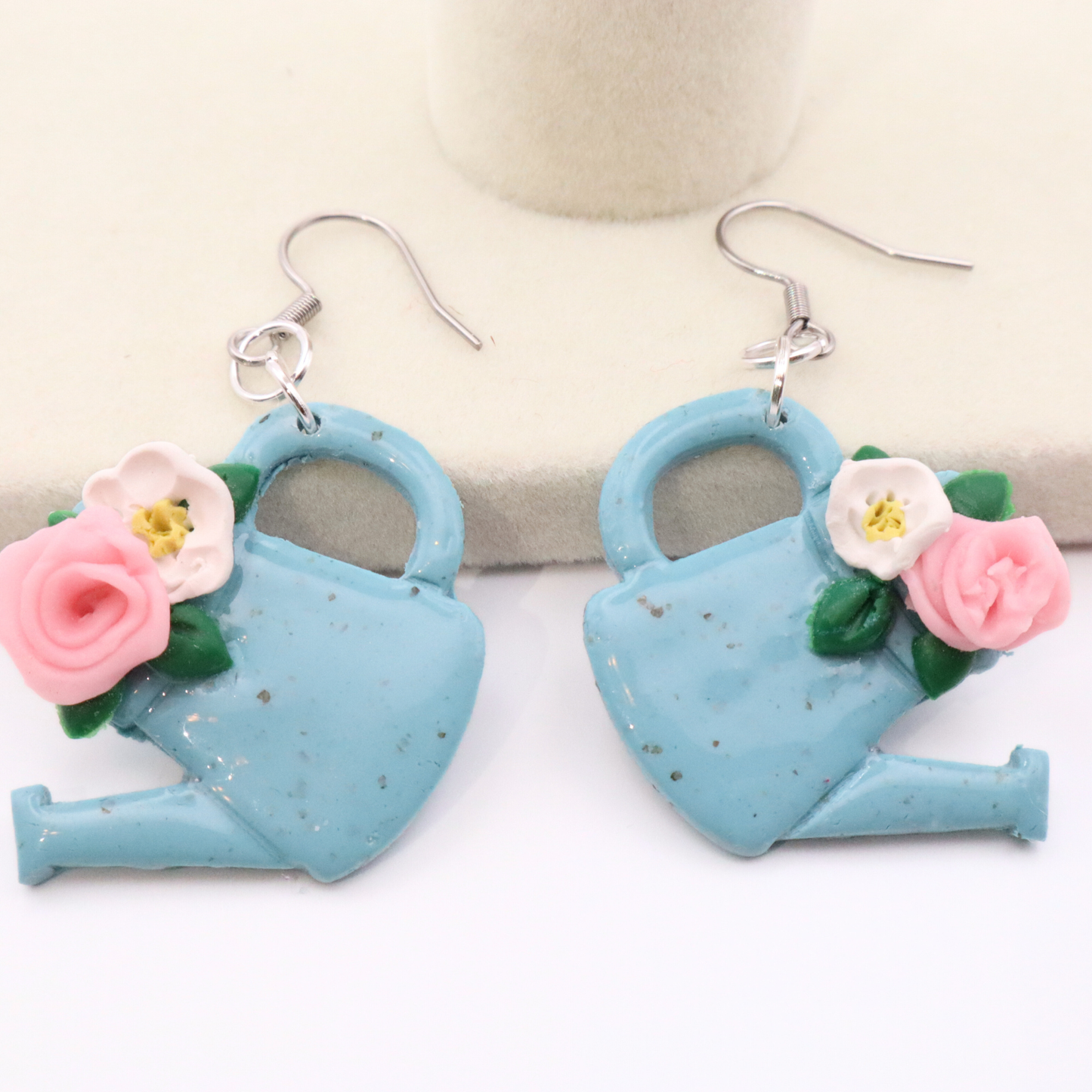 Handmade Watering Can Earrings, Floral Polymer Clay Earrings