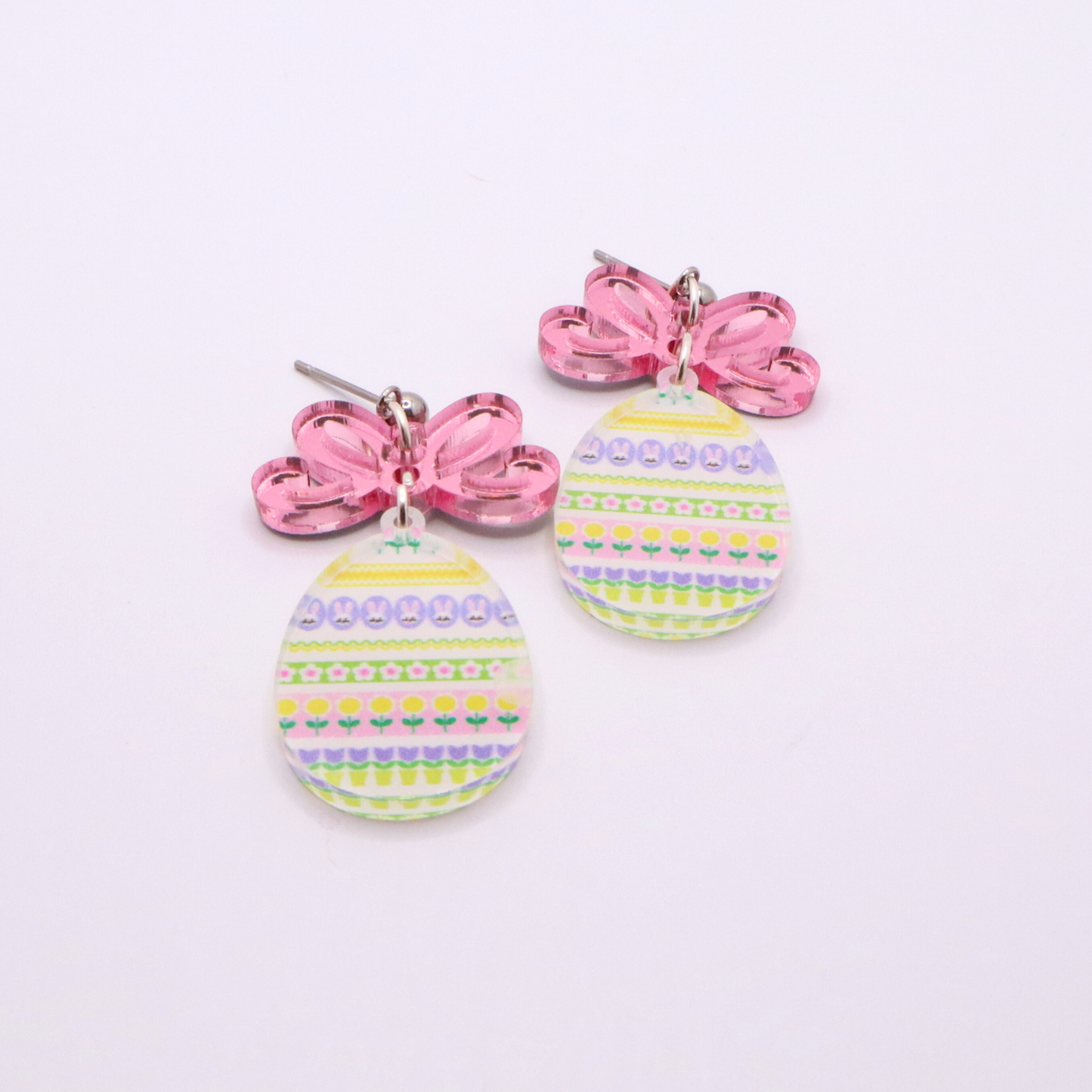 Easter Egg Dangle Earrings with Mirrored Bow – Festive Spring Jewelry