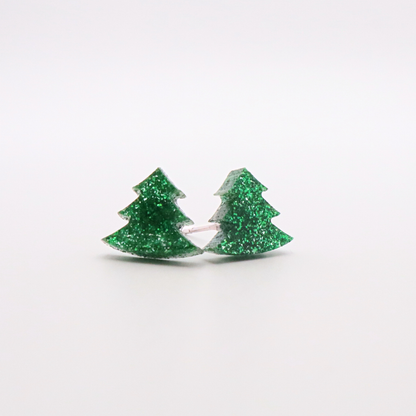 Christmas Tree Stud Earrings - Festive Holiday Acrylic Jewelry - Green Glitter Holiday Studs