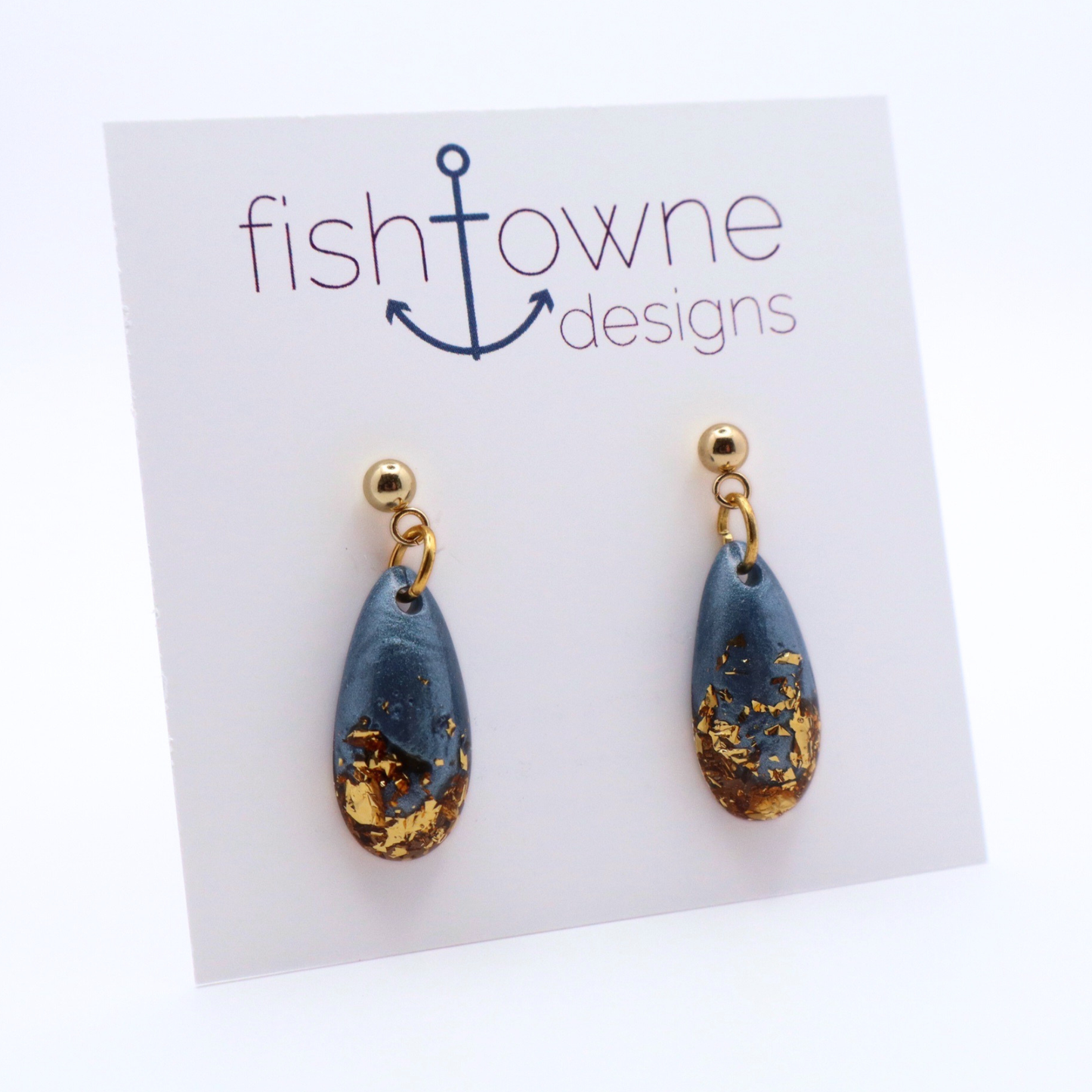 Denim Blue and Gold Resin Earrings - Moonlit Tide