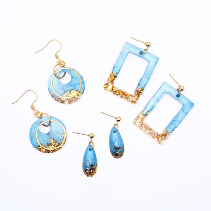 Aqua Blue and Gold Resin Earrings - Poolside Splash