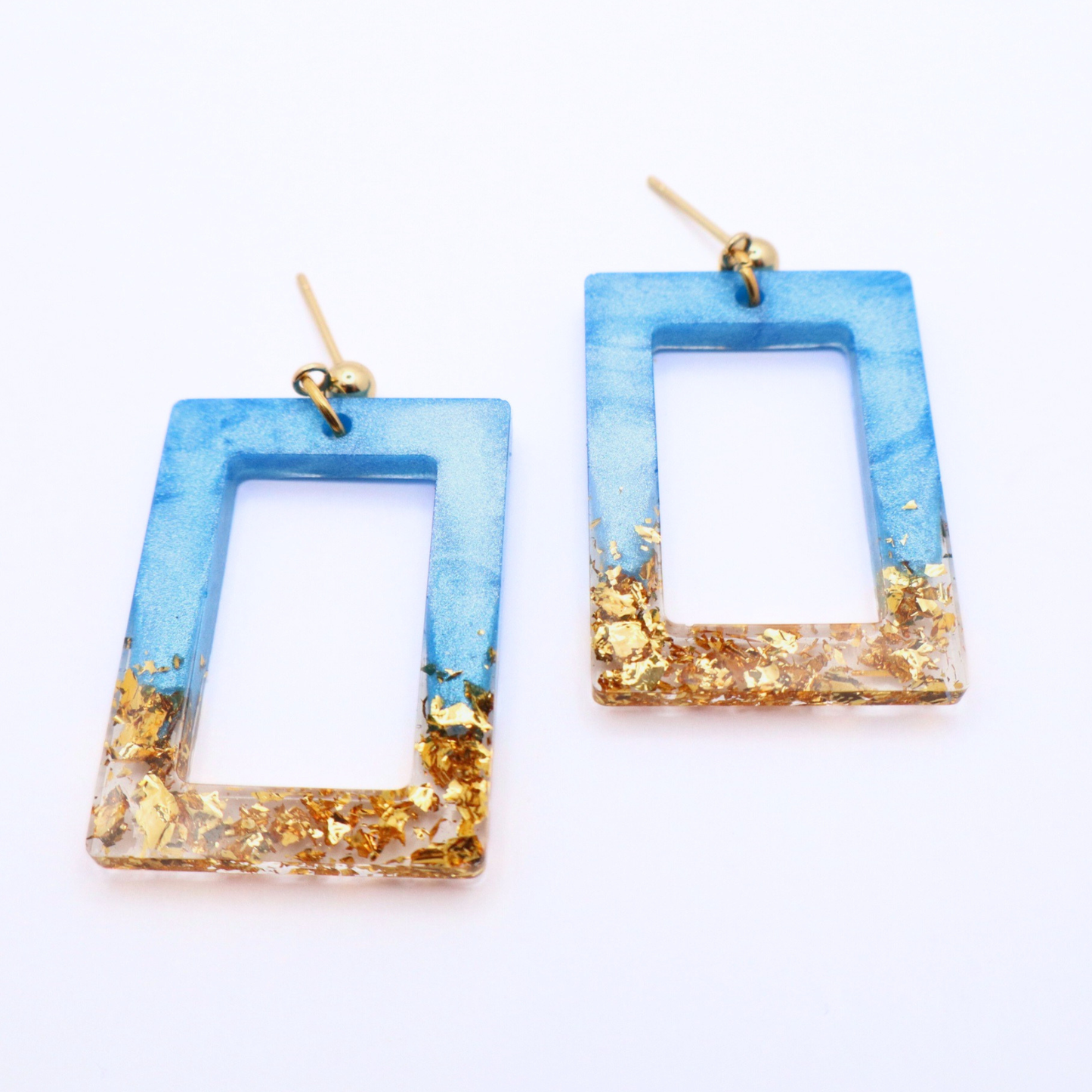Aqua Blue and Gold Resin Earrings - Poolside Splash
