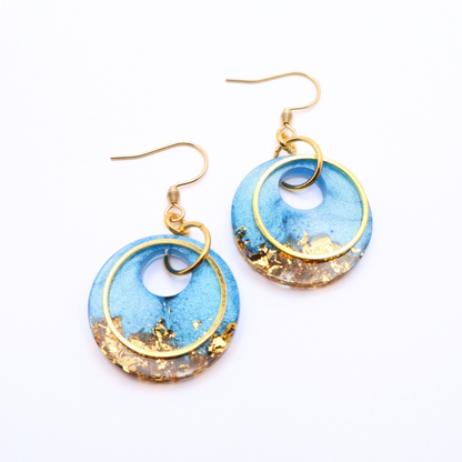 Aqua Blue and Gold Resin Earrings - Poolside Splash
