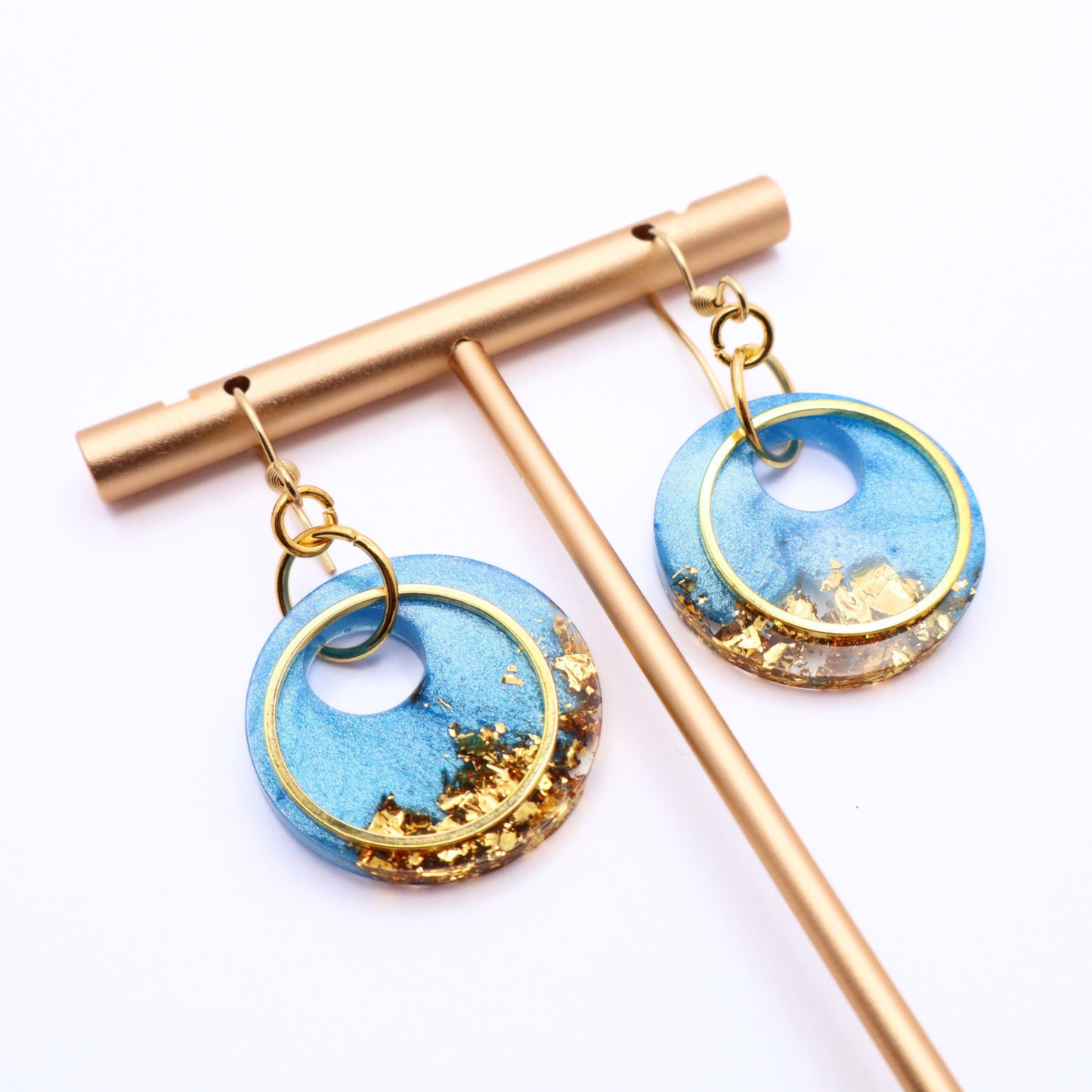 Aqua Blue and Gold Resin Earrings - Poolside Splash