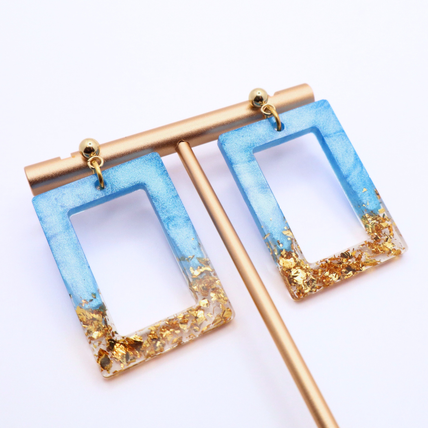 Aqua Blue and Gold Resin Earrings - Poolside Splash