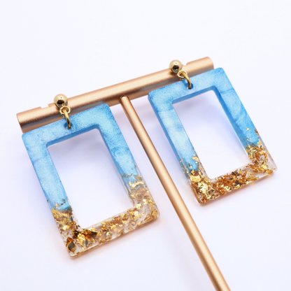 Aqua Blue and Gold Resin Earrings - Poolside Splash