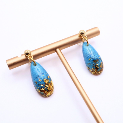 Aqua Blue and Gold Resin Earrings - Poolside Splash