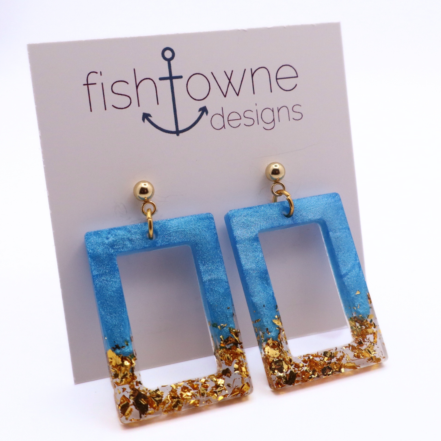 Aqua Blue and Gold Resin Earrings - Poolside Splash