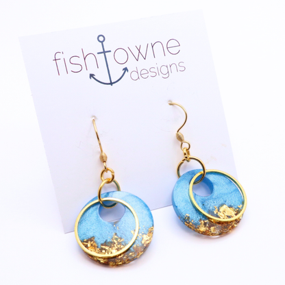 Aqua Blue and Gold Resin Earrings - Poolside Splash