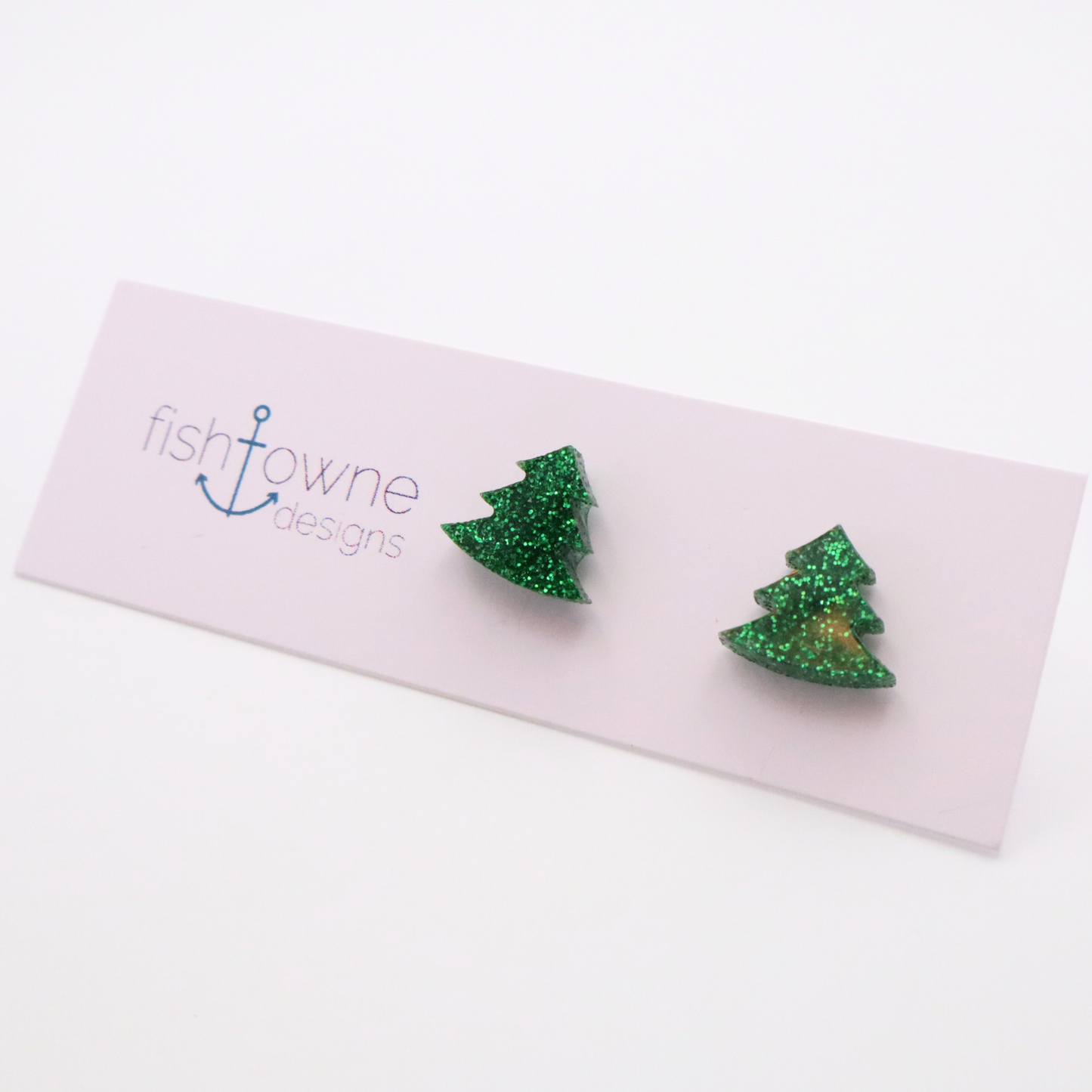 Christmas Tree Stud Earrings - Festive Holiday Acrylic Jewelry - Green Glitter Holiday Studs