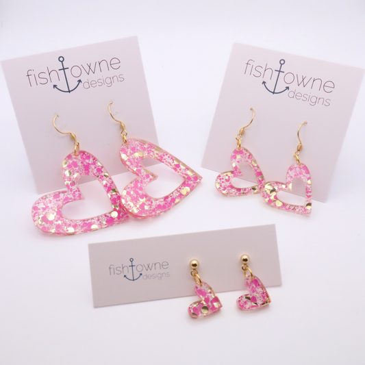 Pink Glitter Heart Acrylic Earrings – Romantic & Playful Statement Jewelry | Valentine's Day Earrings
