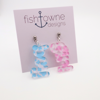 Acrylic Gender Reveal Earrings – Pink & Blue Camo, Baby Shower Gift