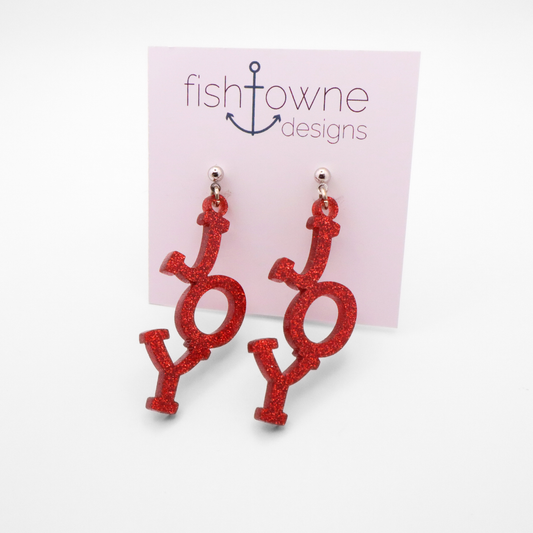 Joy Dangle Acrylic Earrings, Festive Christmas Earrings, Holiday Jewelry