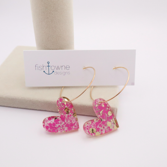 Pink Glitter Heart Hoop Earrings with Gold Accents – Perfect Valentine's Day Gift for Her