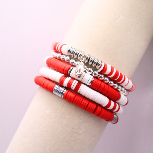 Red & White Game Day Clay Bead Bracelet Stack