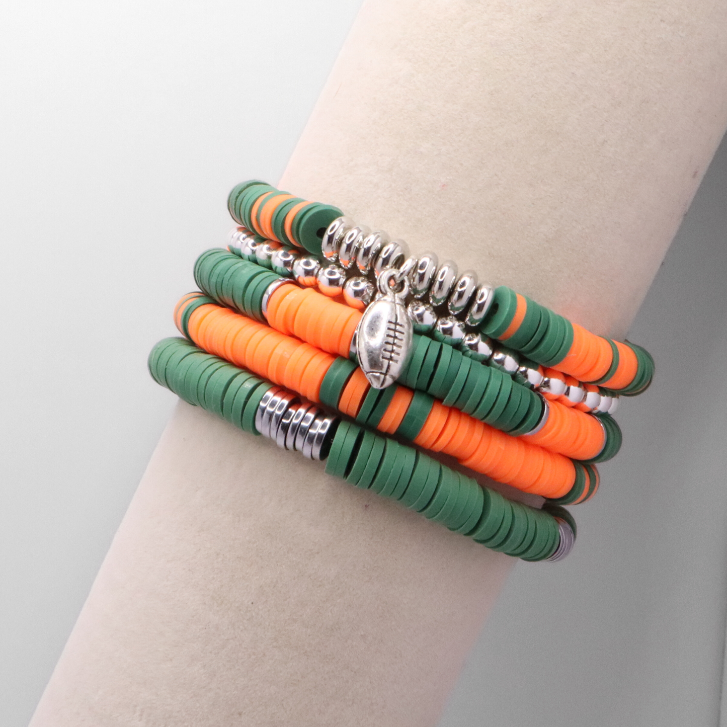 Orange & Green Game Day Clay Bead Bracelet Stack