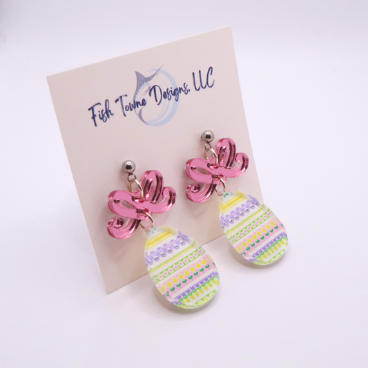 Easter Egg Dangle Earrings with Mirrored Bow – Festive Spring Jewelry