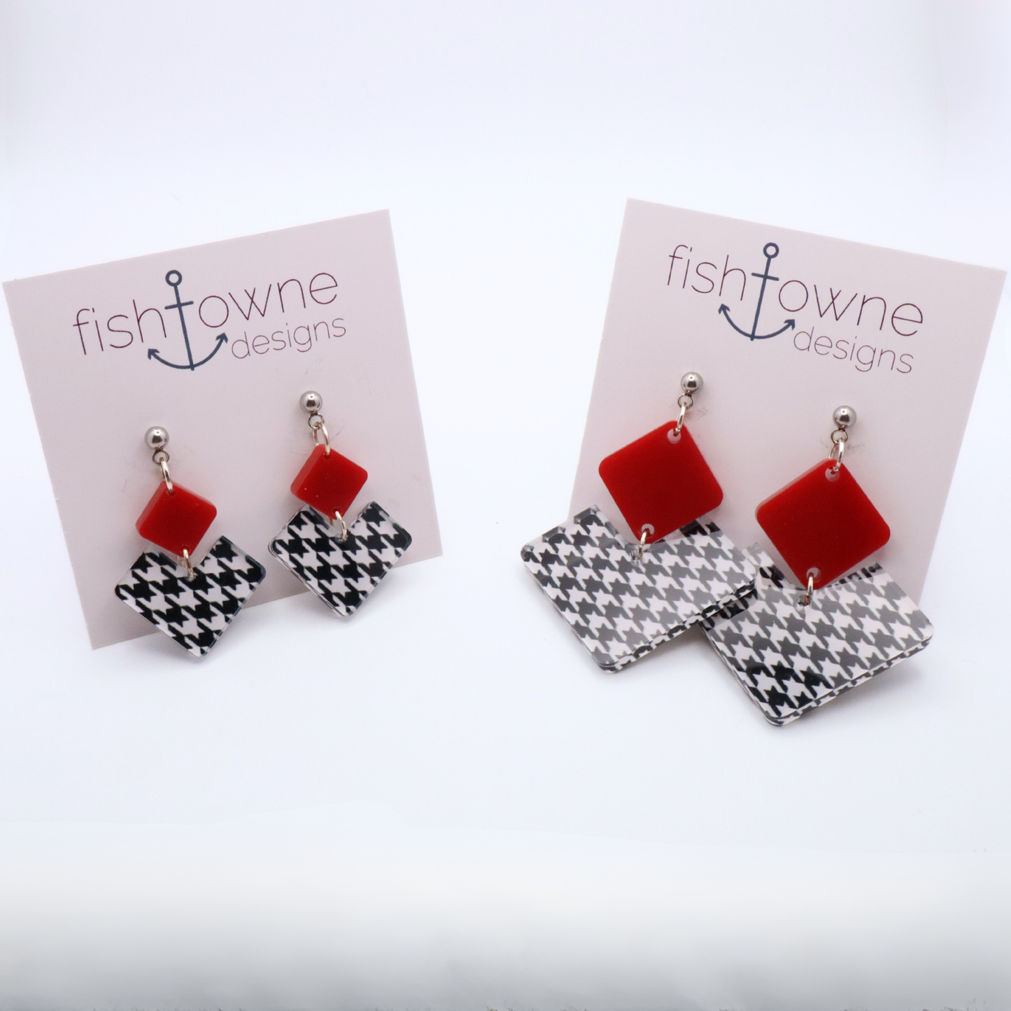 Pair of earrings with crimson and houndstooth pattern on Fishtowne Designs cards.