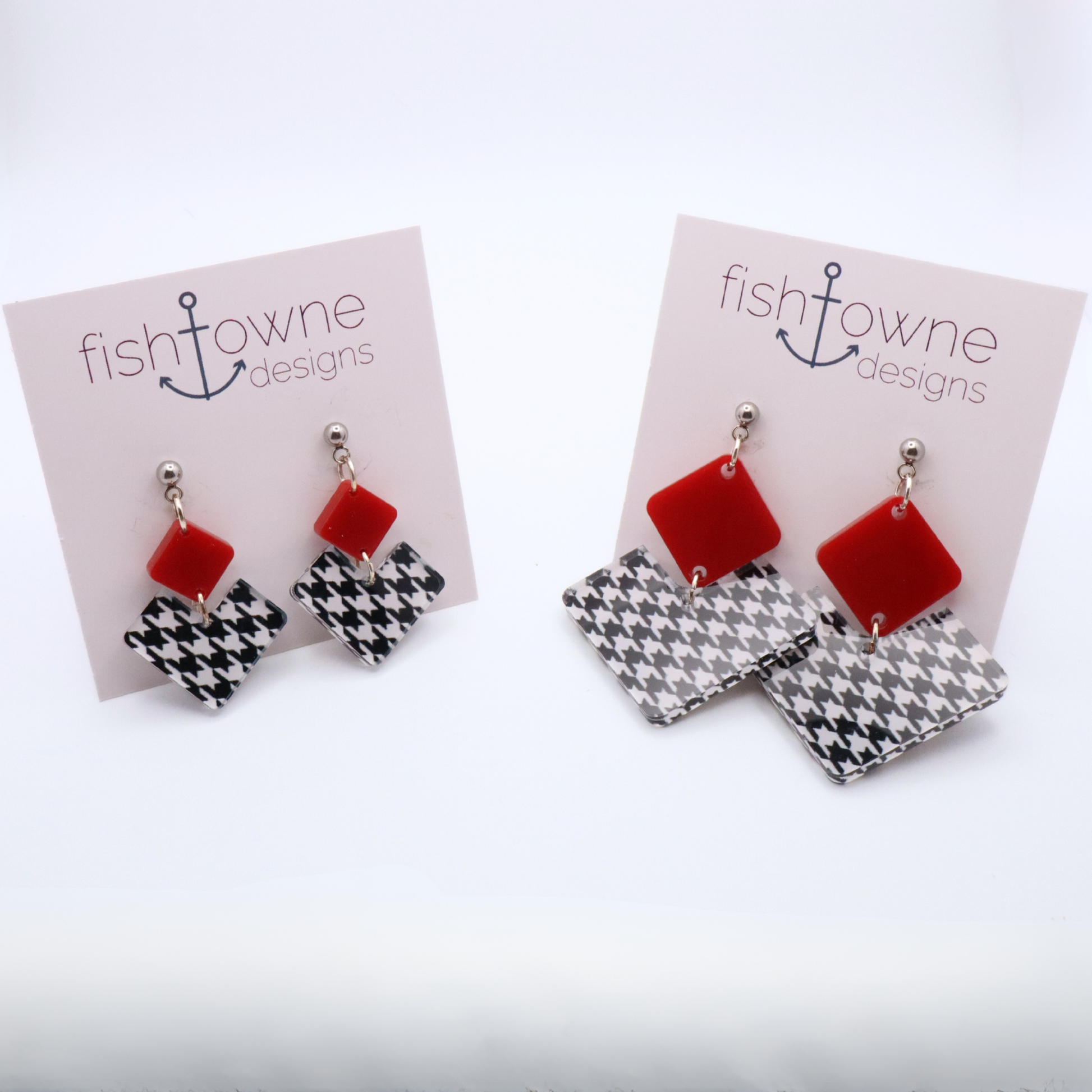 Pair of earrings with crimson and houndstooth pattern on Fishtowne Designs cards.