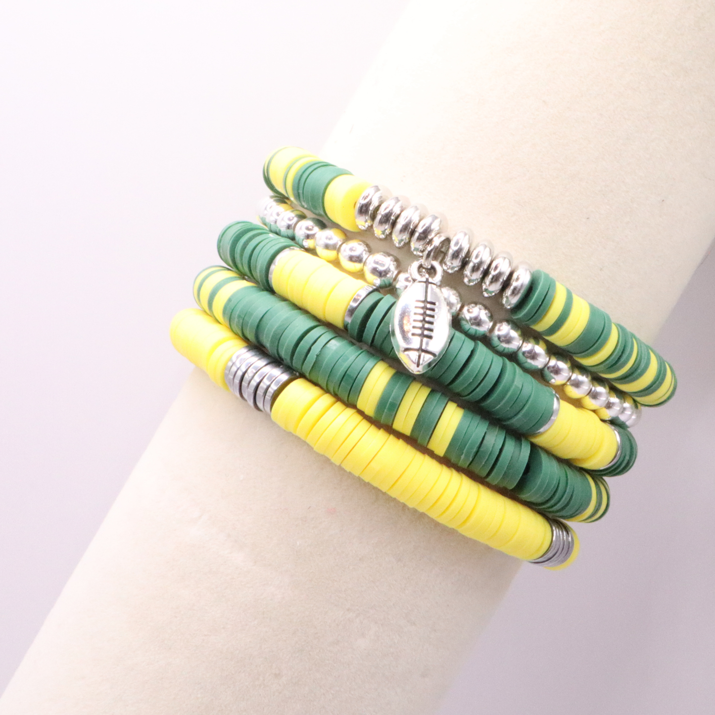 Green & Yellow Game Day Clay Bead Bracelet Stack