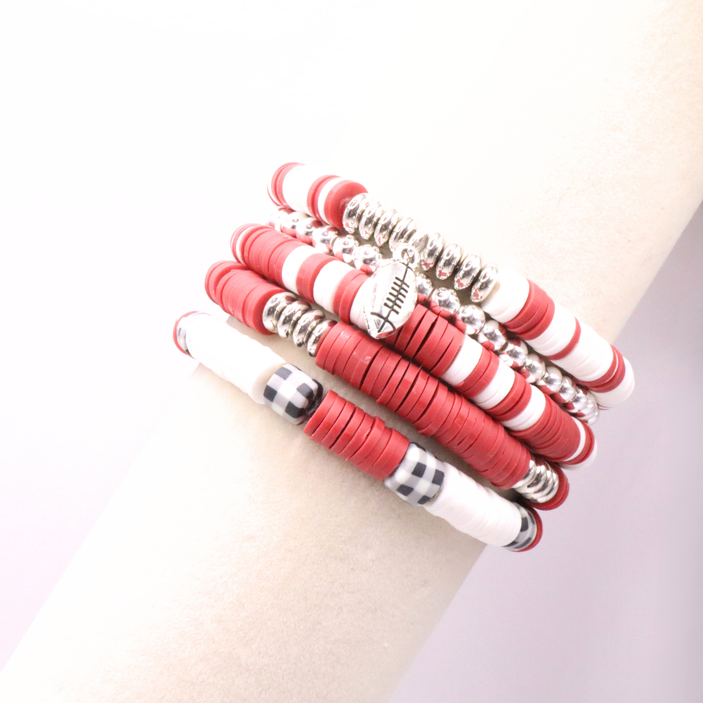 Crimson & Houndstooth Game Day Clay Bead Bracelet Stack