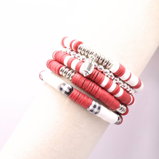 Crimson & Houndstooth Game Day Clay Bead Bracelet Stack
