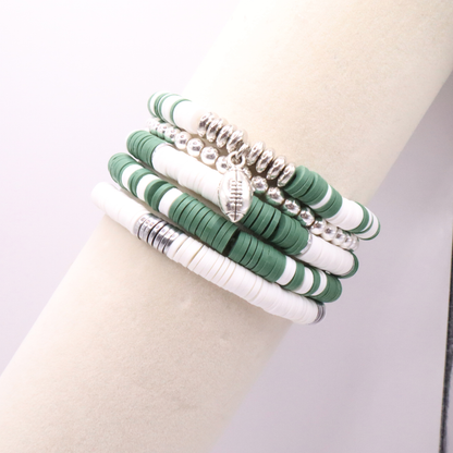 Green & White Game Day Clay Bead Bracelet Stack