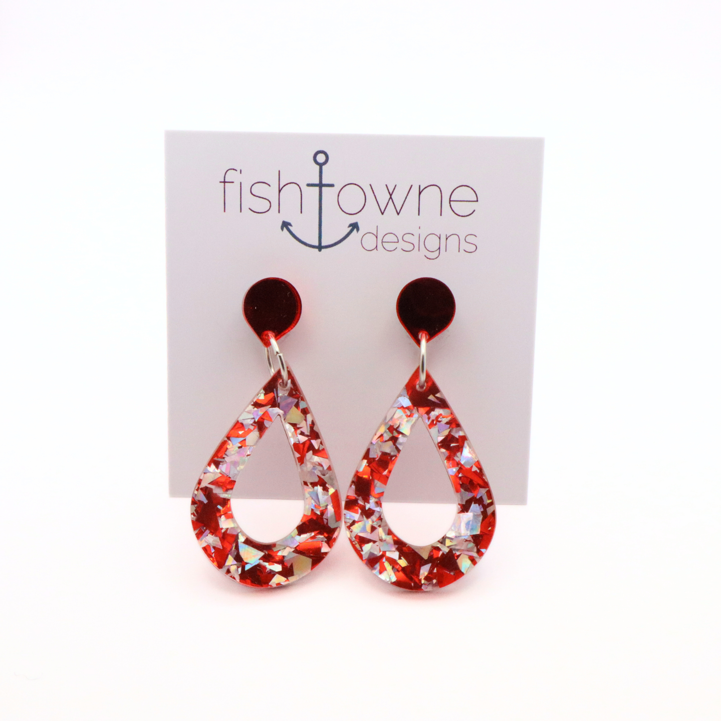 Festive Red & Silver Teardrop Holiday Earrings | Mirrored Acrylic Christmas Jewelry | Glitter Statement Earrings