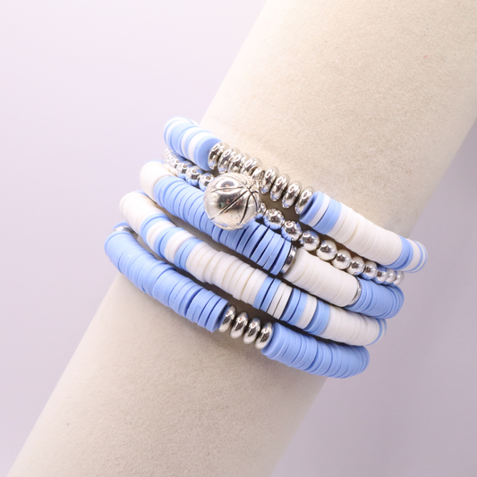 Light Blue & White Game Day Clay Bead Bracelet Stack