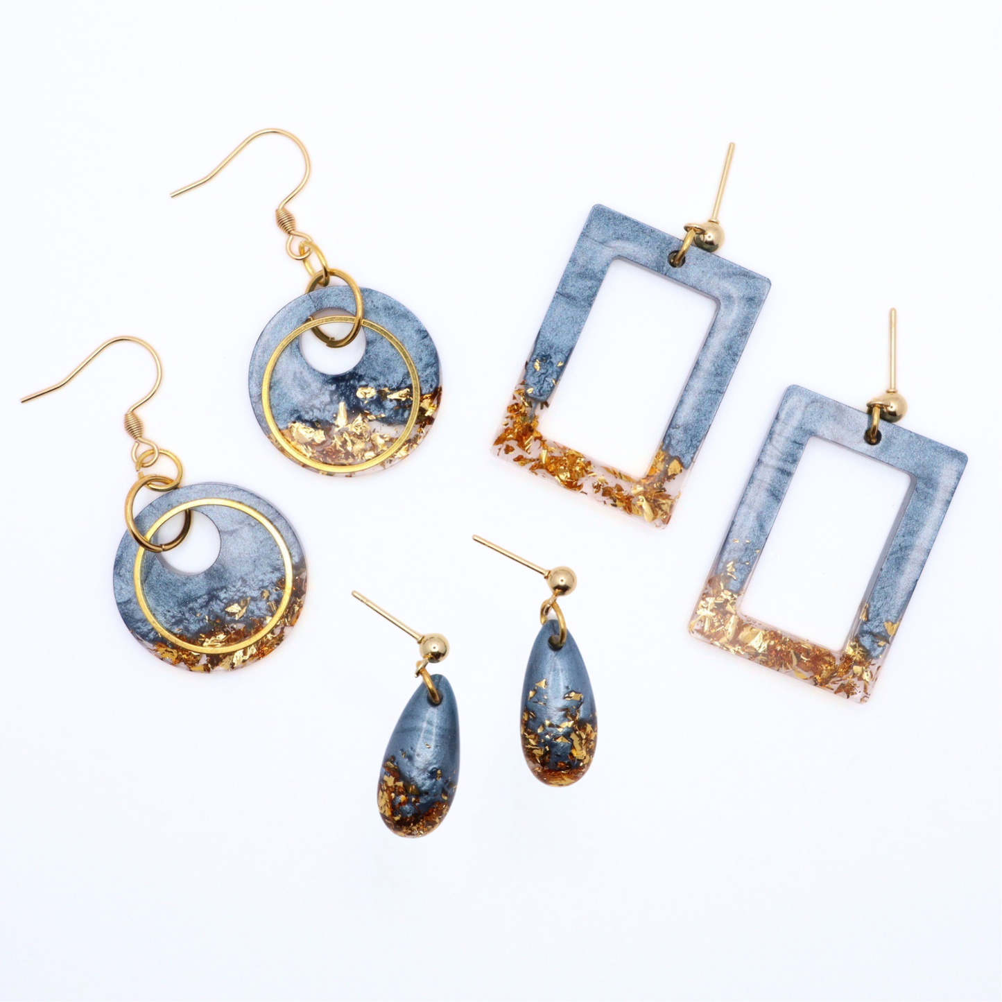 Denim Blue and Gold Resin Earrings - Moonlit Tide