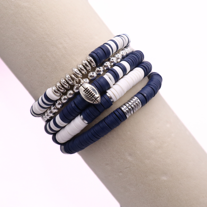 Navy Blue & White Game Day Clay Bead Bracelet Stack