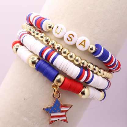 Patriotic Bracelet Stack | 4th of July USA Bracelet | Red White Blue Bracelet Stack