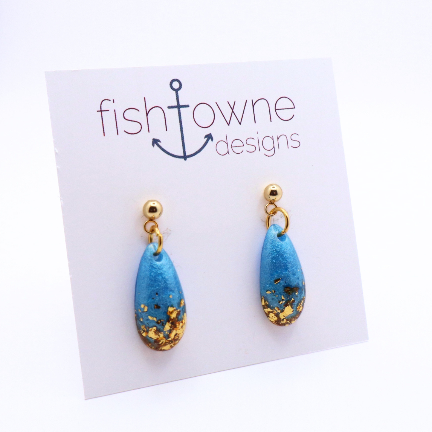 Aqua Blue and Gold Resin Earrings - Poolside Splash