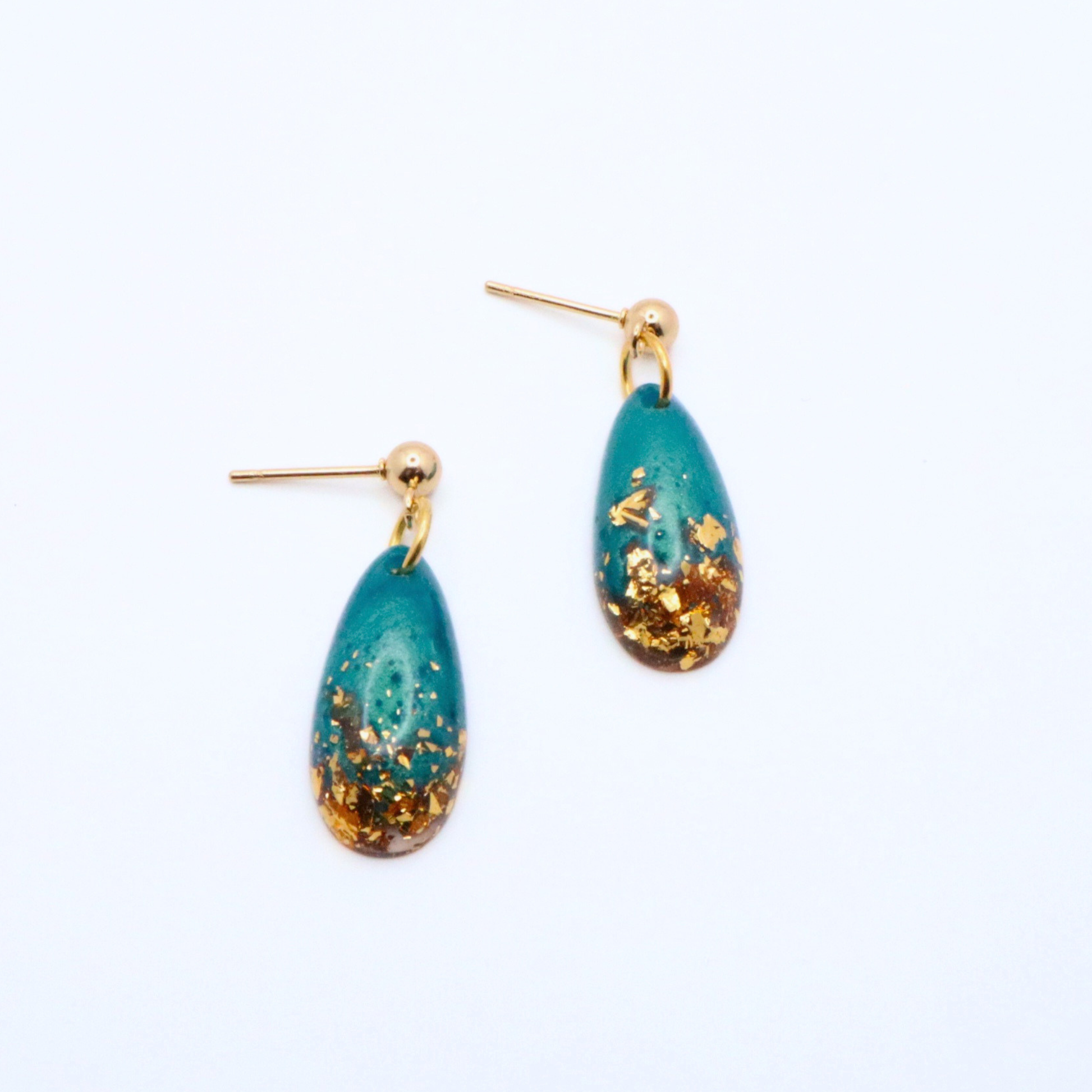 Teal and Gold Resin Earrings - Saltwater Teal - Fish Towne Designs, LLC