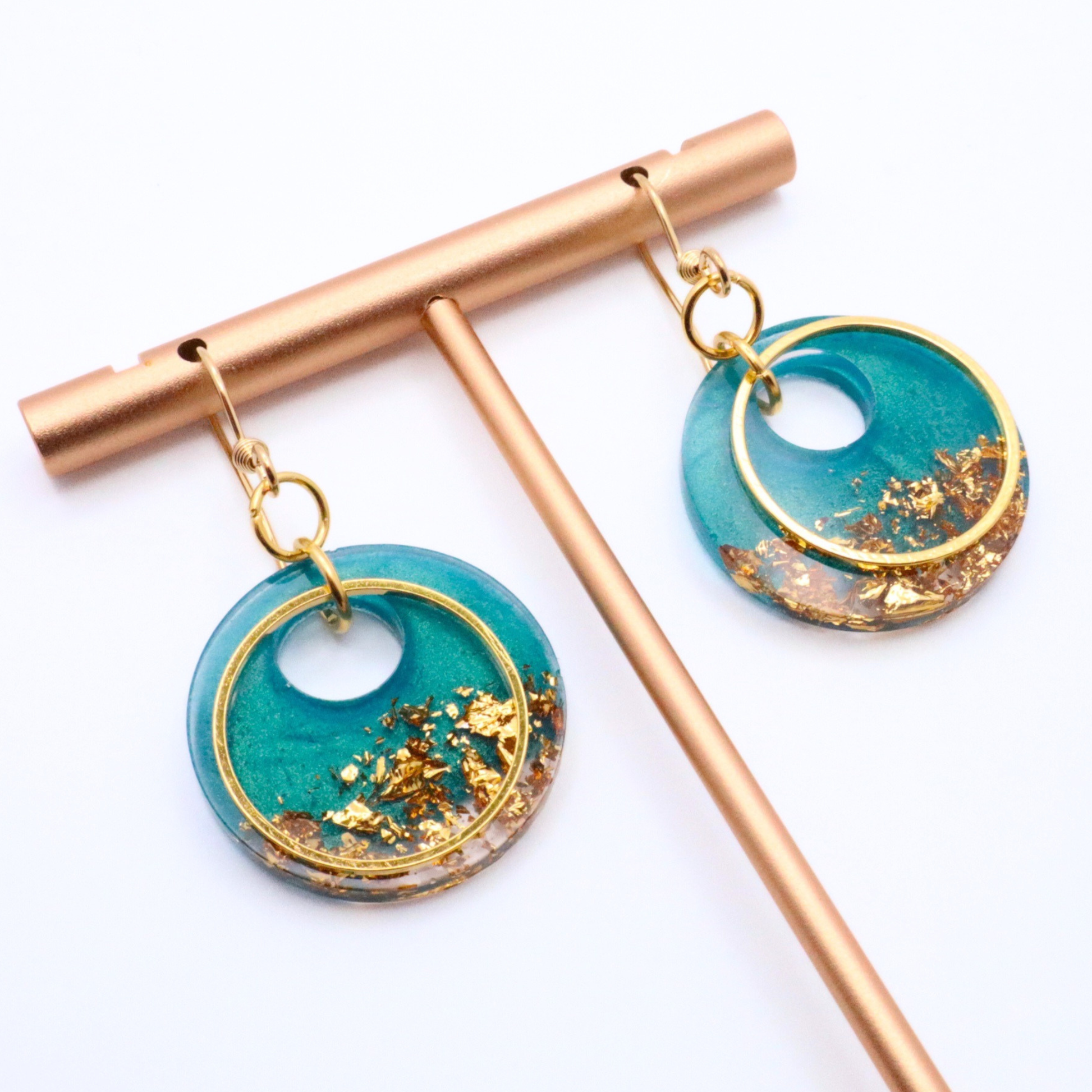 Teal and Gold Resin Earrings - Saltwater Teal - Fish Towne Designs, LLC