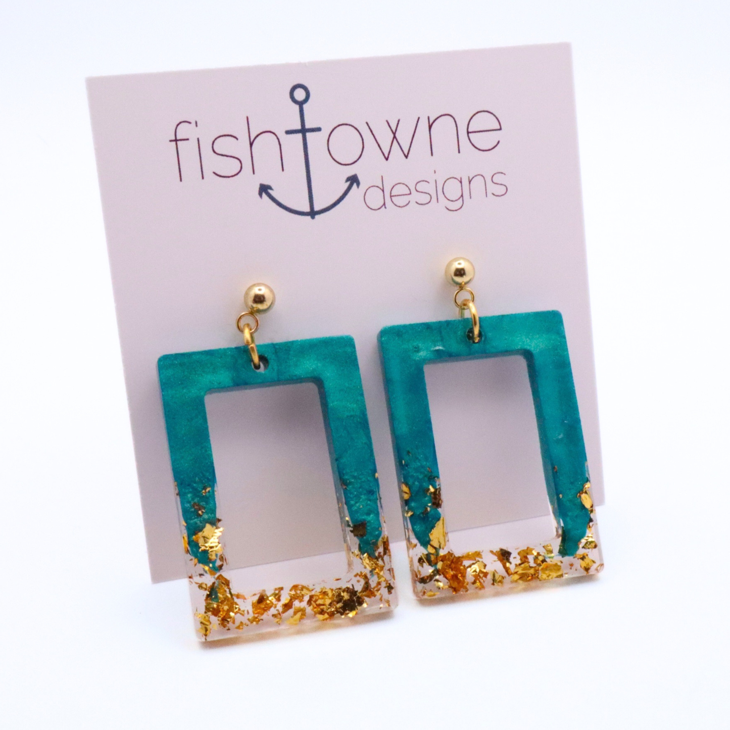 Teal and Gold Resin Earrings - Saltwater Teal - Fish Towne Designs, LLC