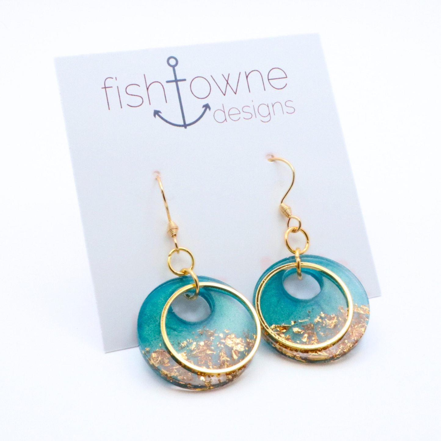 Teal and Gold Resin Earrings - Saltwater Teal - Fish Towne Designs, LLC