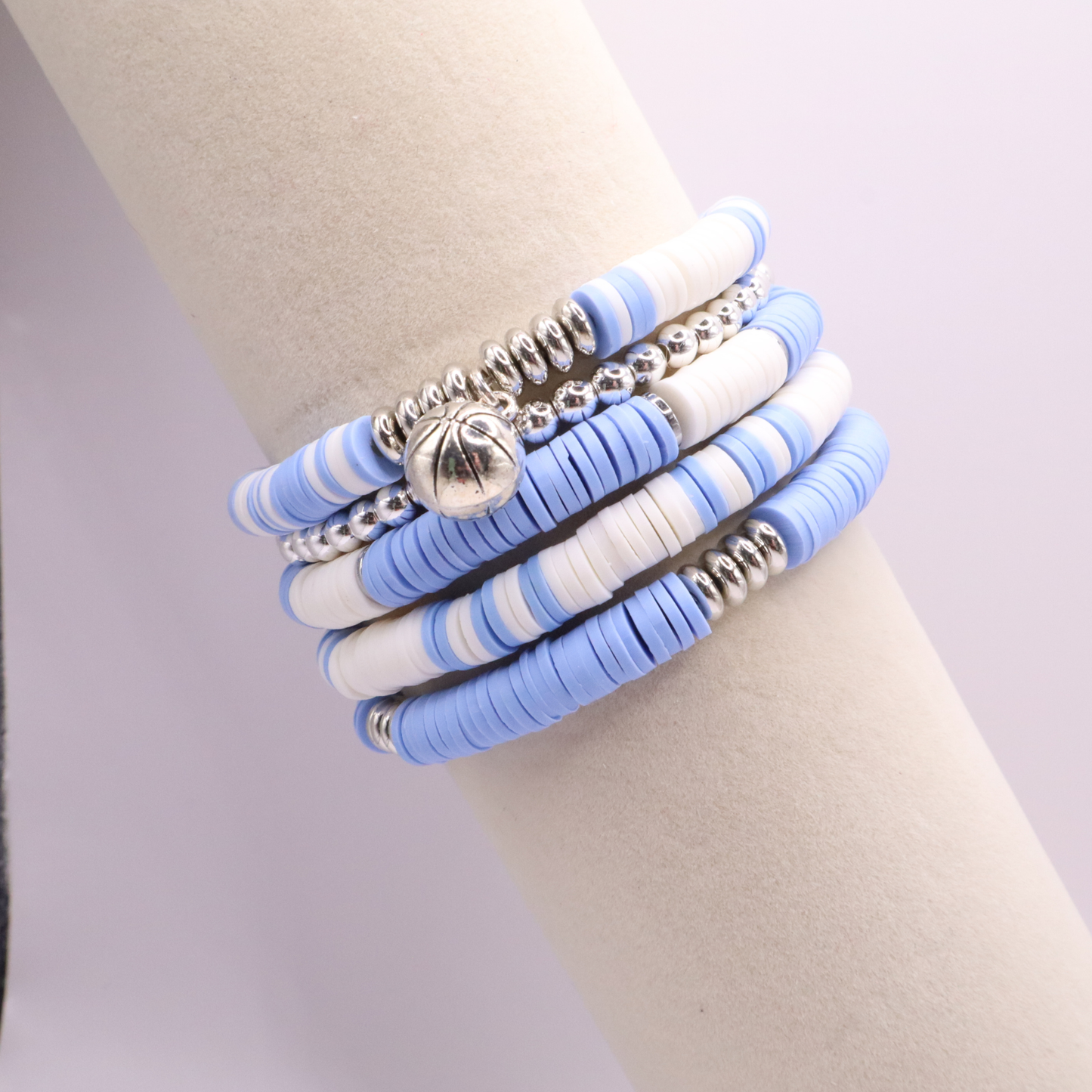 Light Blue & White Game Day Clay Bead Bracelet Stack