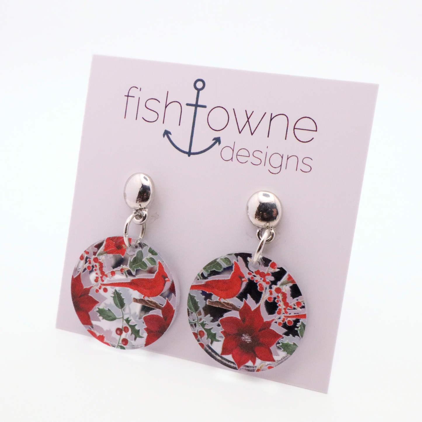 Cardinal & Poinsettia Christmas Earrings - Festive Mirrored Acrylic Holiday Dangles