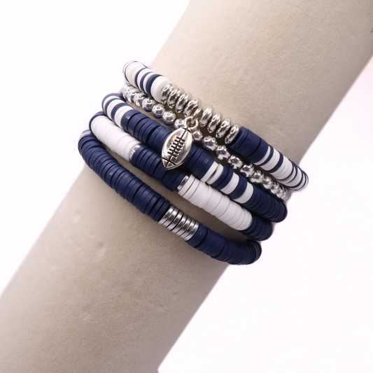 Navy Blue & White Game Day Clay Bead Bracelet Stack
