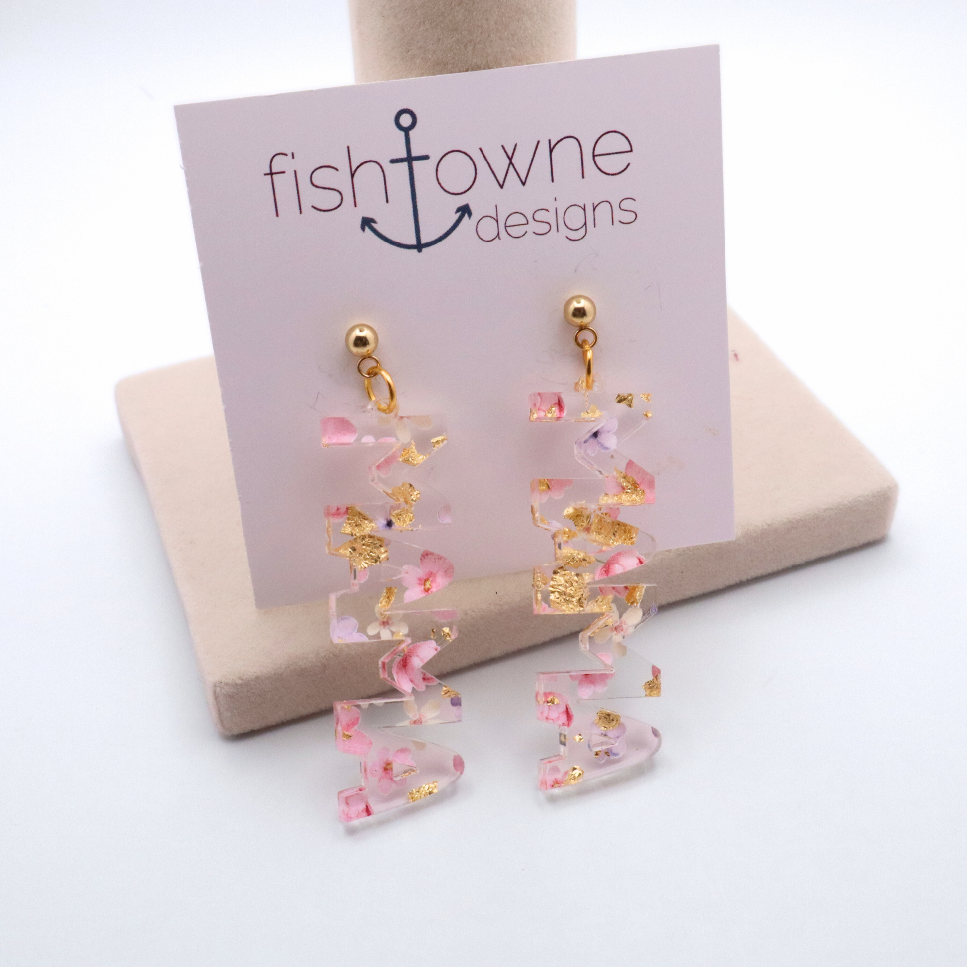 Pair of Pink and Gold earrings on a Fish Towne Designs card with a white background