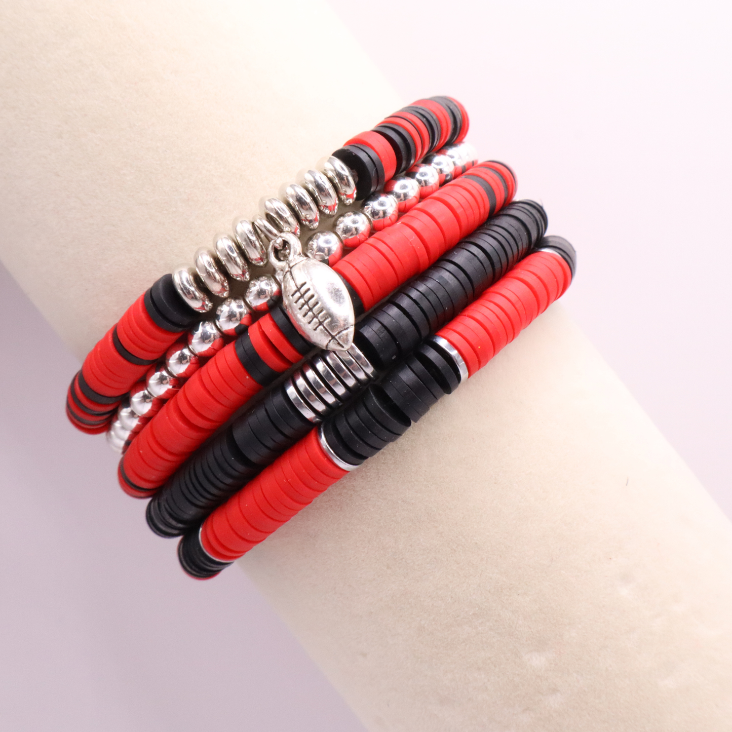 Red & Black Game Day Clay Bead Bracelet Stack