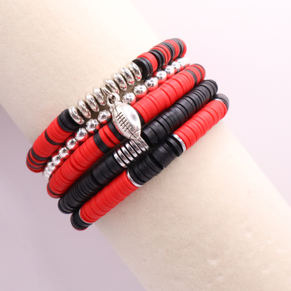 Red & Black Game Day Clay Bead Bracelet Stack